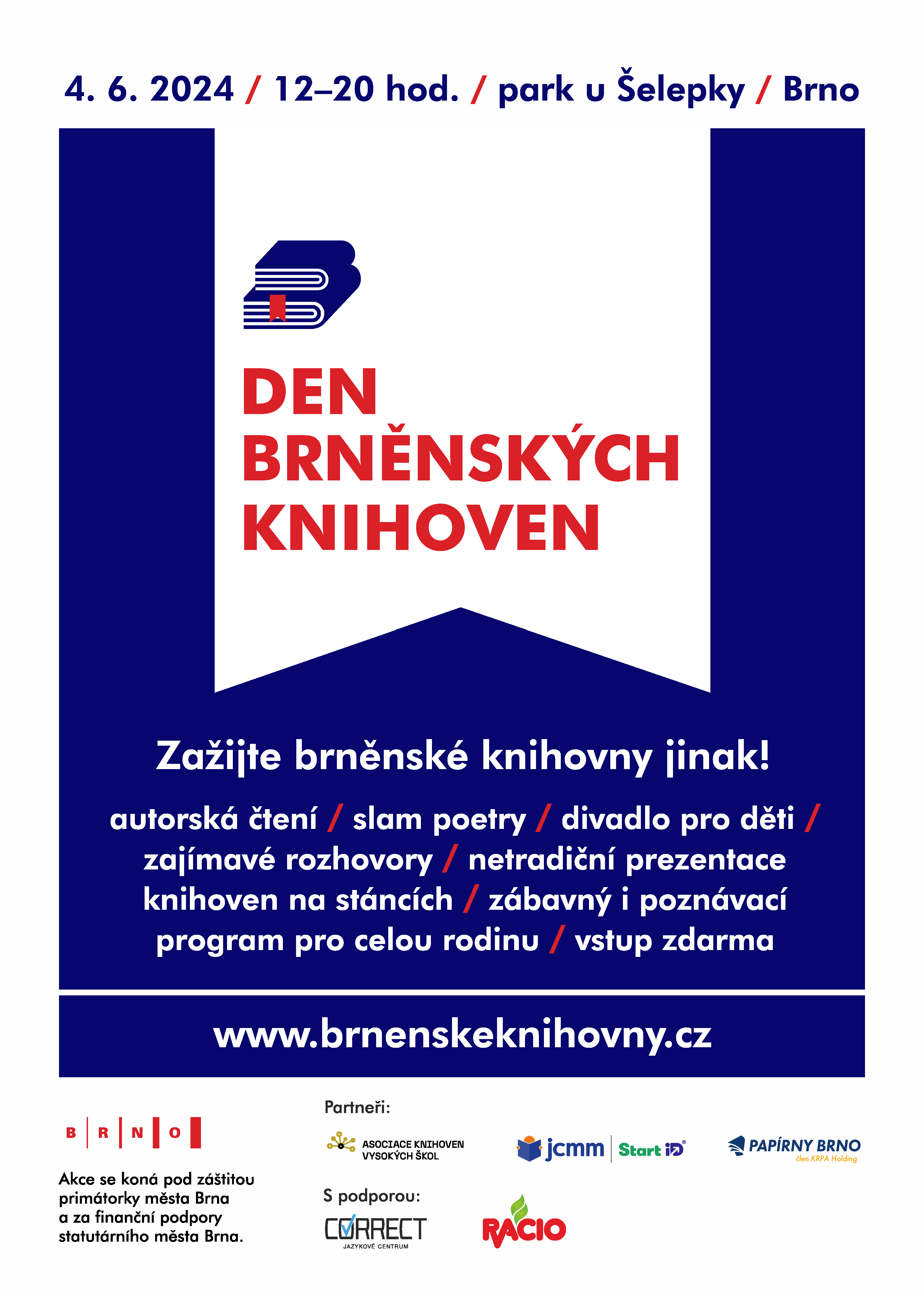 Pozvánka na Den brněnských knihoven 4. června 2024, 12-20 h park u Šelepky.