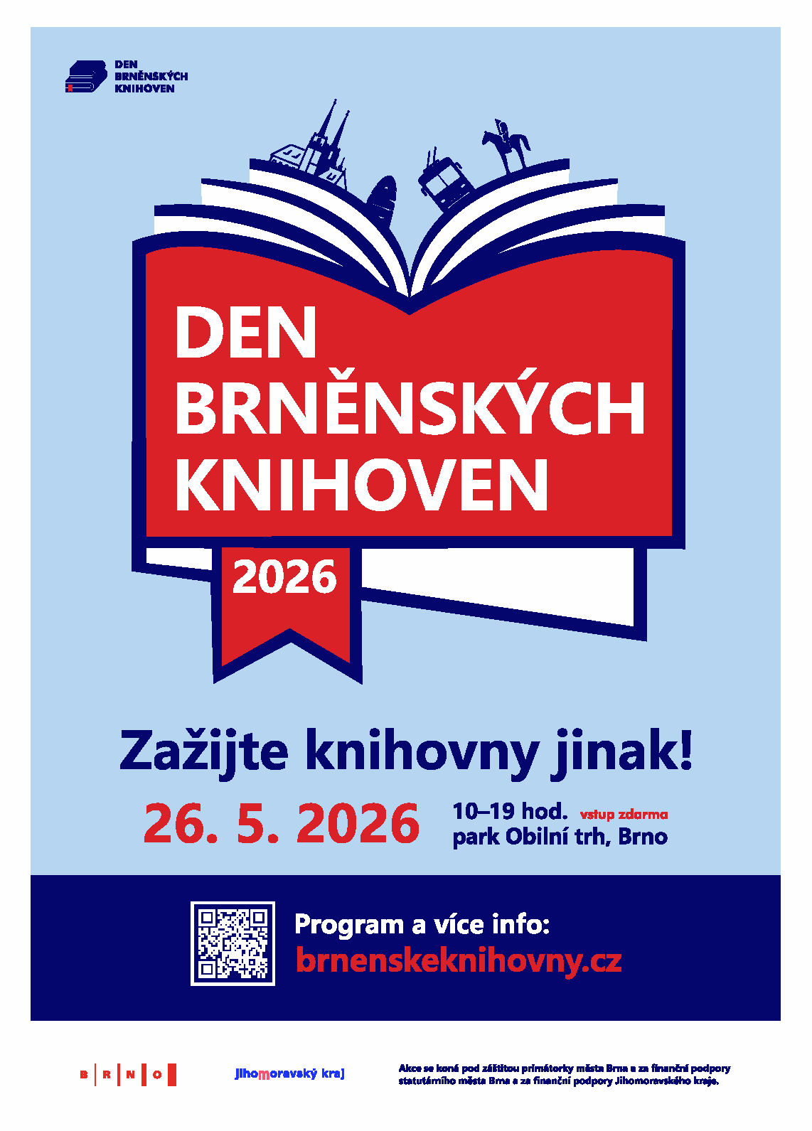 Pozvánka na Den brněnských knihoven 26. května 2026, 10-19 h park Obilní trh.