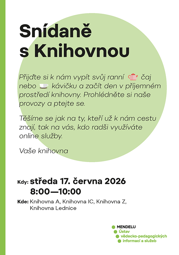 Pozvánka pro zaměstnance MENDELU na snídani s Knihovnou 17. 6. 2026 v době od 8 do 10 hodin.